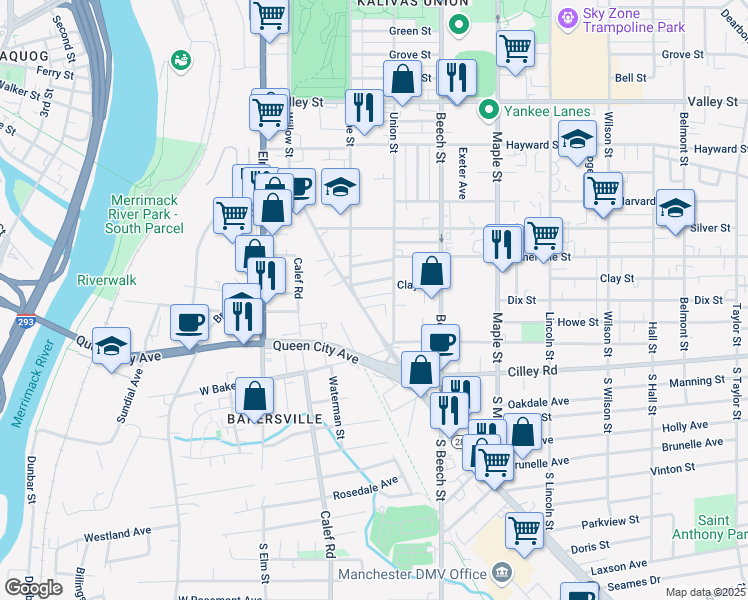 map of restaurants, bars, coffee shops, grocery stores, and more near 25 Warsaw Avenue in Manchester