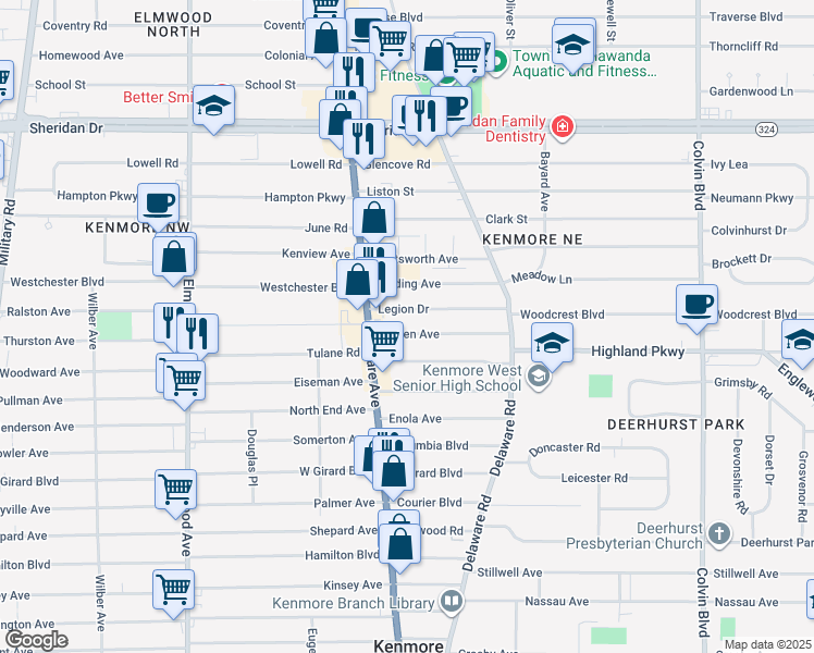 map of restaurants, bars, coffee shops, grocery stores, and more near 38 Linden Ave in Buffalo
