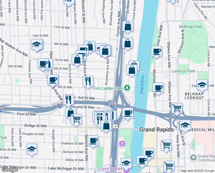 map of restaurants, bars, coffee shops, grocery stores, and more near 646 Broadway Avenue Northwest in Grand Rapids
