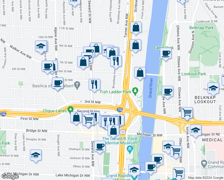 map of restaurants, bars, coffee shops, grocery stores, and more near 649 Broadway Avenue Northwest in Grand Rapids