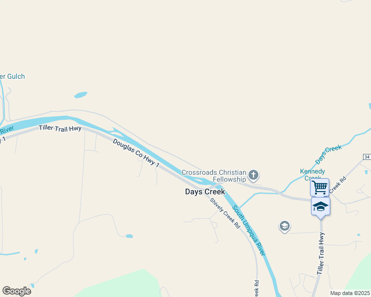 map of restaurants, bars, coffee shops, grocery stores, and more near 491 Michaels Ranch Lane in Canyonville