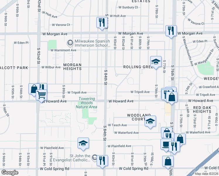 map of restaurants, bars, coffee shops, grocery stores, and more near 3817 South 83rd Street in Milwaukee