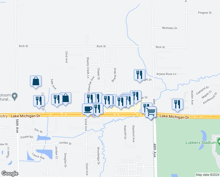 map of restaurants, bars, coffee shops, grocery stores, and more near 5045 Casper Avenue in Allendale Charter Township