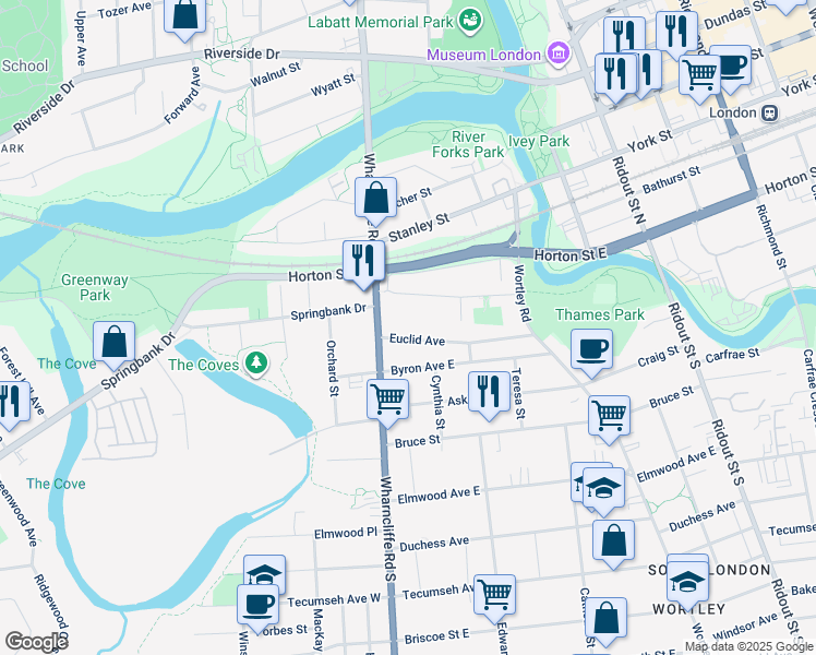map of restaurants, bars, coffee shops, grocery stores, and more near 18 Euclid Avenue in London