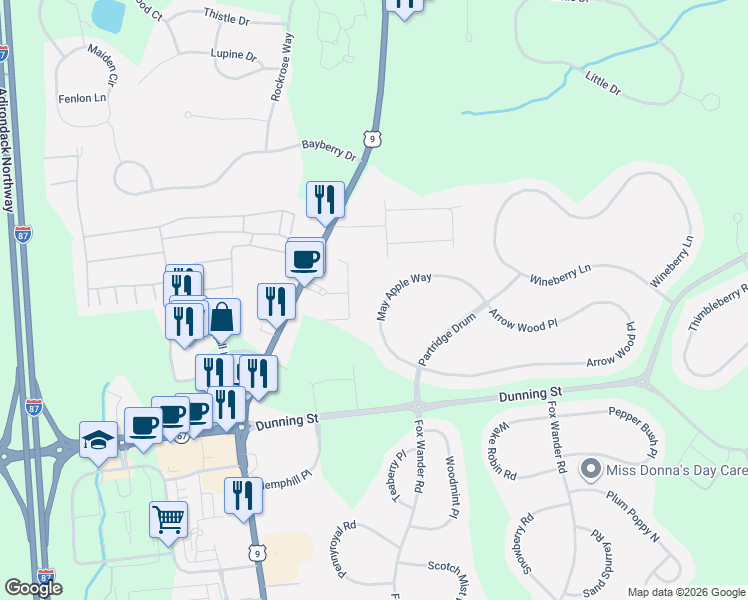 map of restaurants, bars, coffee shops, grocery stores, and more near 17 May Apple Way in Ballston Spa