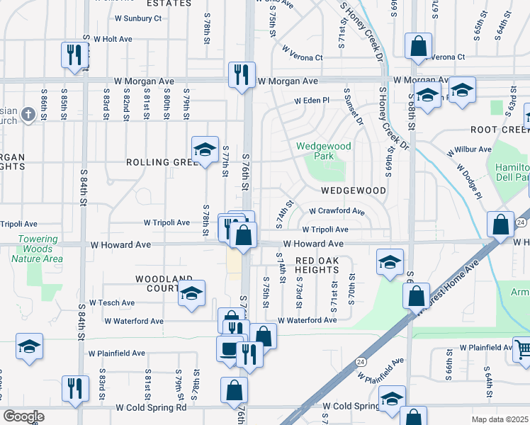 map of restaurants, bars, coffee shops, grocery stores, and more near 3816 South 75th Street in Milwaukee