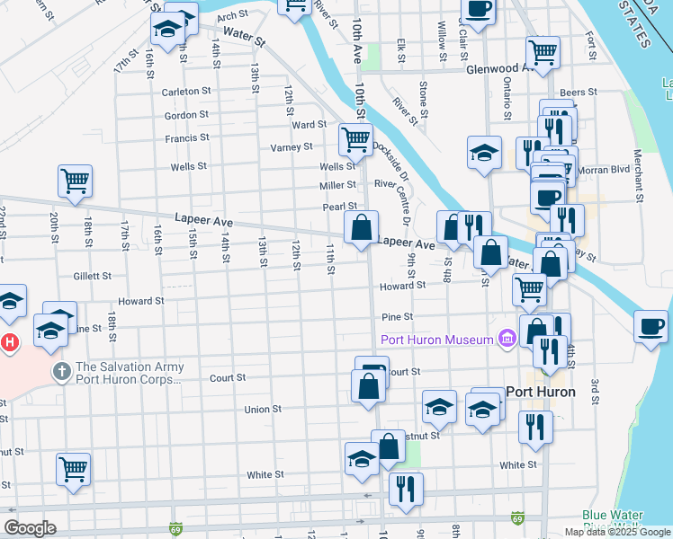 map of restaurants, bars, coffee shops, grocery stores, and more near 1022 Gillett Street in Port Huron