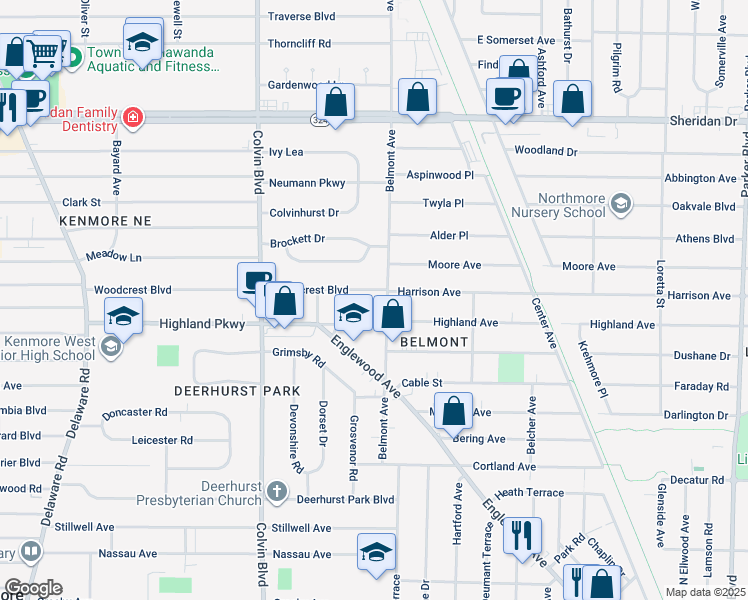 map of restaurants, bars, coffee shops, grocery stores, and more near 329 Woodcrest Boulevard in Buffalo
