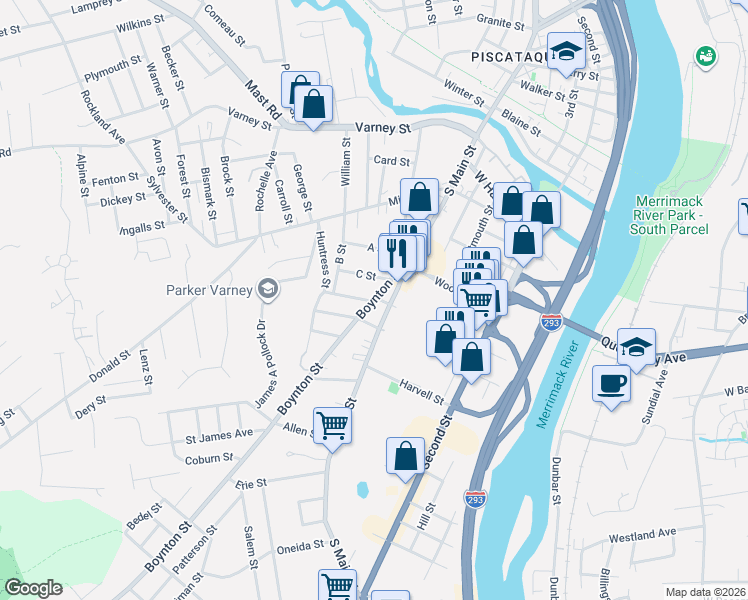 map of restaurants, bars, coffee shops, grocery stores, and more near 16 Boynton Street in Manchester
