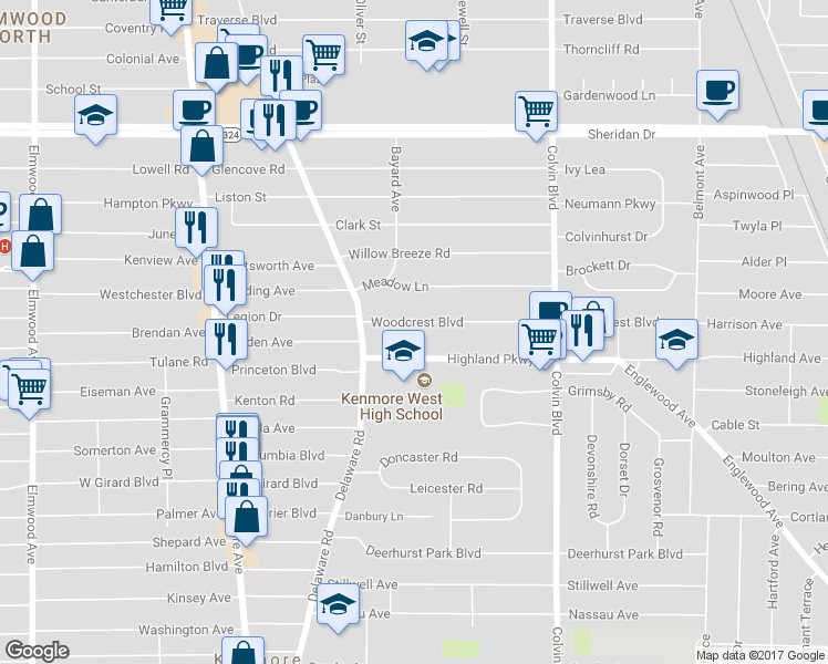 map of restaurants, bars, coffee shops, grocery stores, and more near 53 Woodcrest Blvd in Buffalo