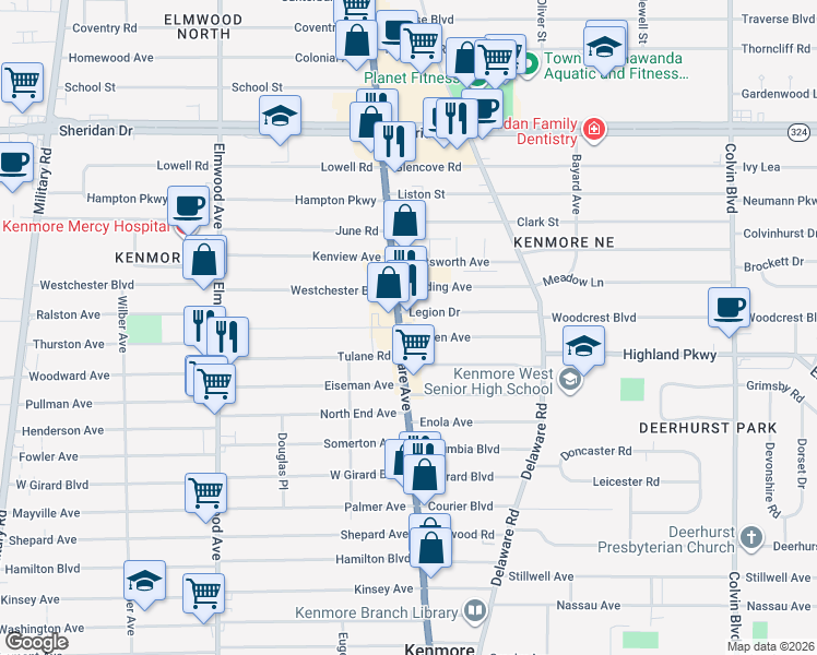 map of restaurants, bars, coffee shops, grocery stores, and more near 3333 Delaware Avenue in Buffalo