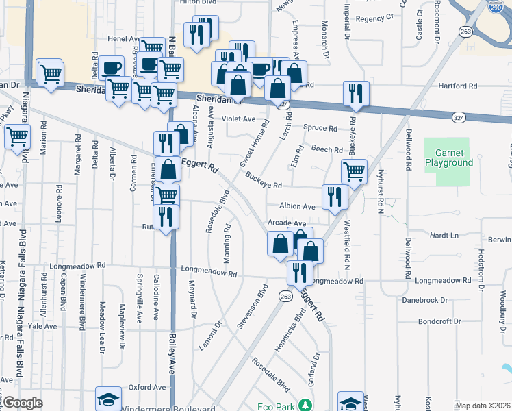 map of restaurants, bars, coffee shops, grocery stores, and more near 1773 Eggert Road in Buffalo