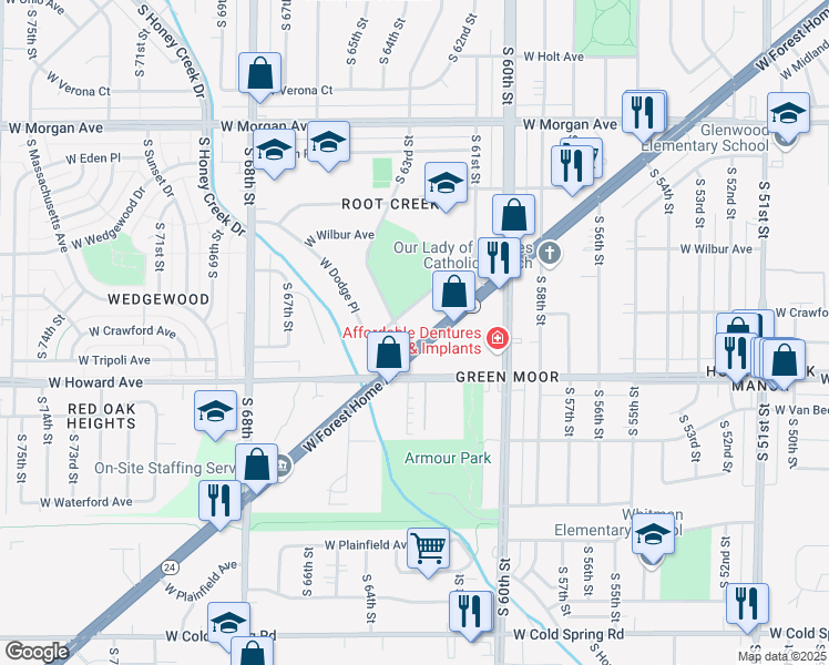 map of restaurants, bars, coffee shops, grocery stores, and more near 3854 South 63rd Street in Milwaukee