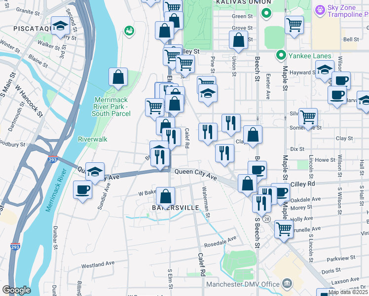 map of restaurants, bars, coffee shops, grocery stores, and more near 112 Calef Road in Manchester
