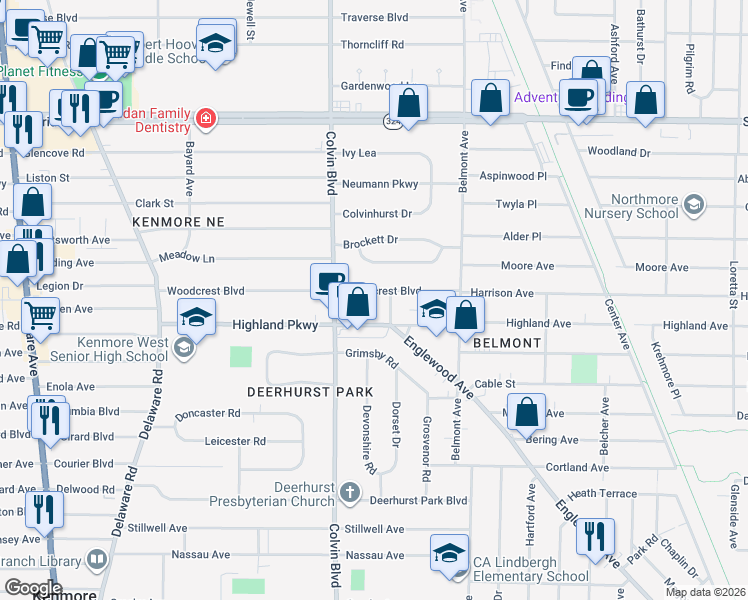 map of restaurants, bars, coffee shops, grocery stores, and more near 245 Woodcrest Boulevard in Buffalo