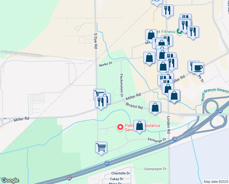 map of restaurants, bars, coffee shops, grocery stores, and more near 5208 Miller Road in Flint