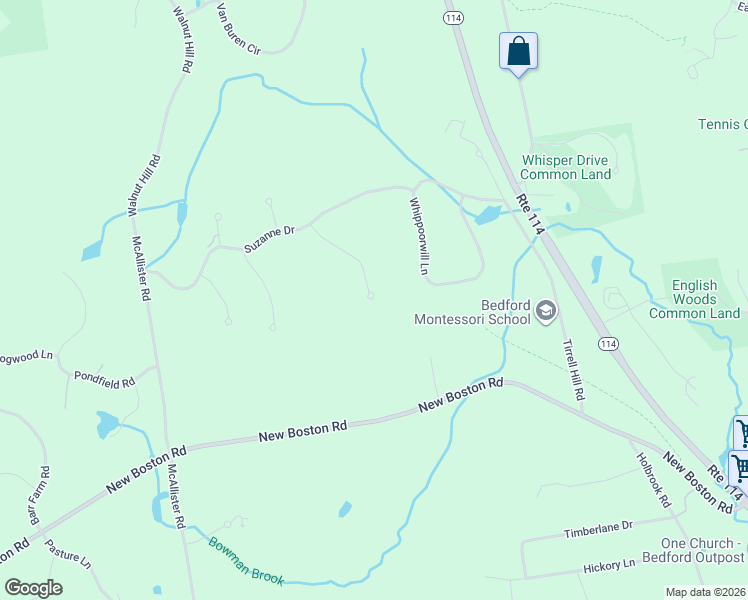 map of restaurants, bars, coffee shops, grocery stores, and more near 20 Burgundy Terrace in Bedford