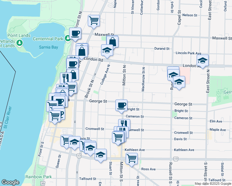 map of restaurants, bars, coffee shops, grocery stores, and more near 145 Essex Street in Sarnia