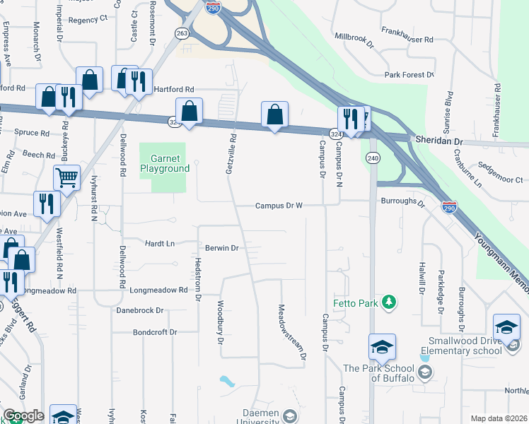 map of restaurants, bars, coffee shops, grocery stores, and more near 45 Campus Drive West in Amherst