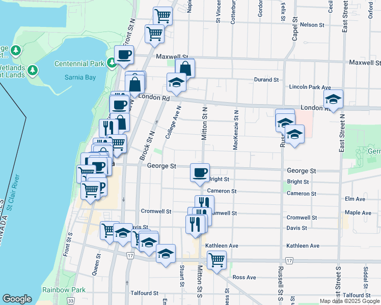 map of restaurants, bars, coffee shops, grocery stores, and more near 145 Essex Street in Sarnia