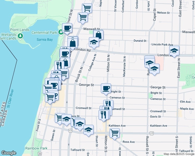map of restaurants, bars, coffee shops, grocery stores, and more near 133 Essex Street in Sarnia