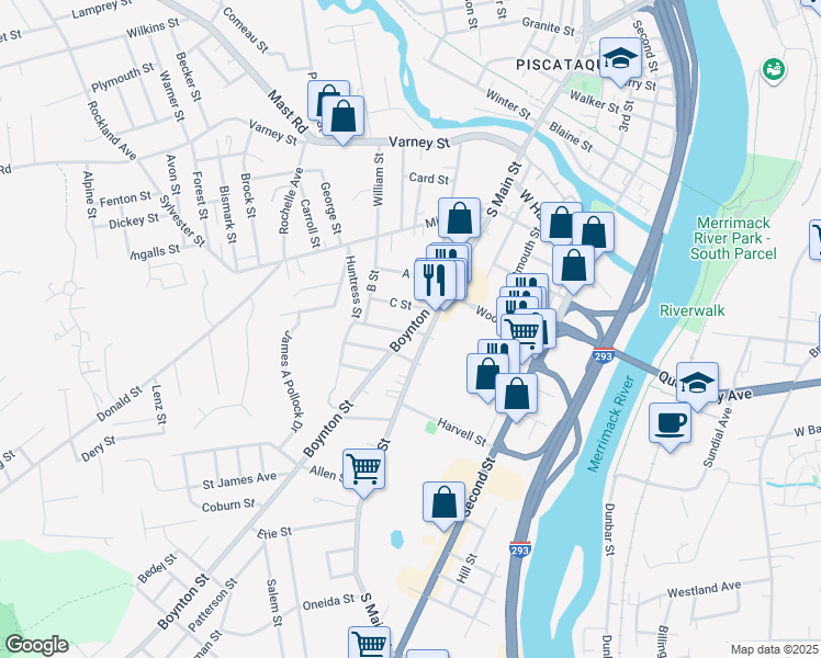 map of restaurants, bars, coffee shops, grocery stores, and more near 5 Boynton Street in Manchester