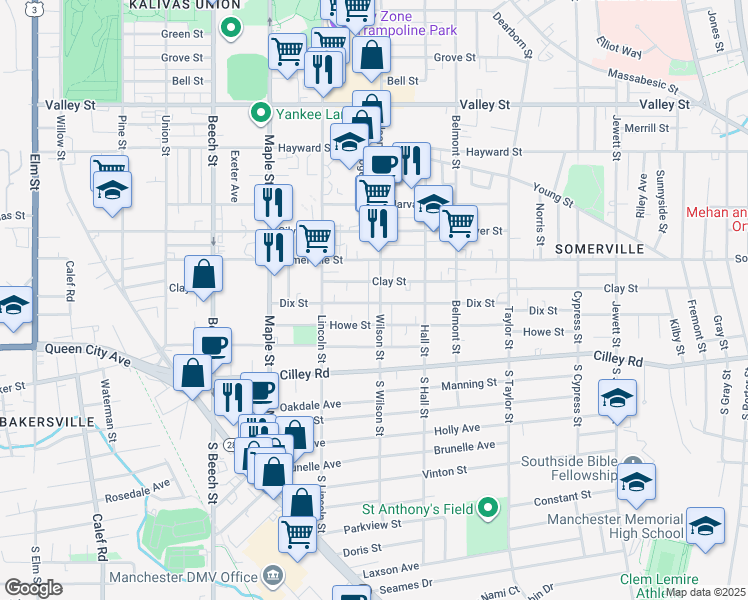 map of restaurants, bars, coffee shops, grocery stores, and more near 585 Dix Street in Manchester