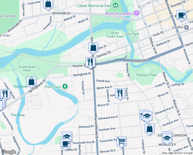 map of restaurants, bars, coffee shops, grocery stores, and more near 18 Euclid Avenue in London