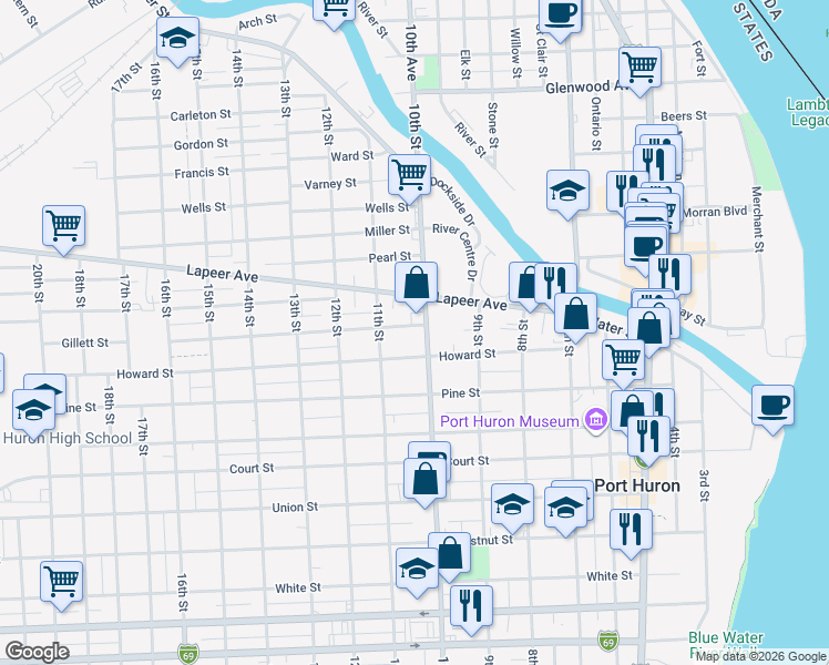 map of restaurants, bars, coffee shops, grocery stores, and more near 1022 Gillett Street in Port Huron