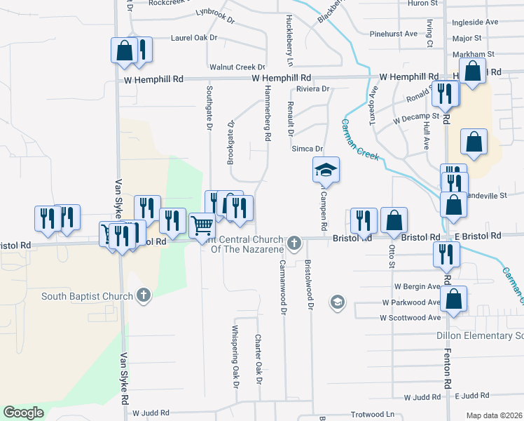 map of restaurants, bars, coffee shops, grocery stores, and more near 3491 Hammerberg Road in Flint