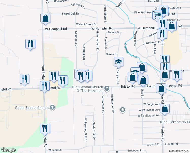 map of restaurants, bars, coffee shops, grocery stores, and more near 3491 Hammerberg Road in Flint