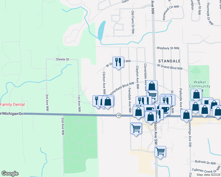 map of restaurants, bars, coffee shops, grocery stores, and more near 526 Clinton Avenue Northwest in Grand Rapids
