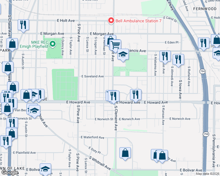 map of restaurants, bars, coffee shops, grocery stores, and more near 3830 South Herman Street in Milwaukee