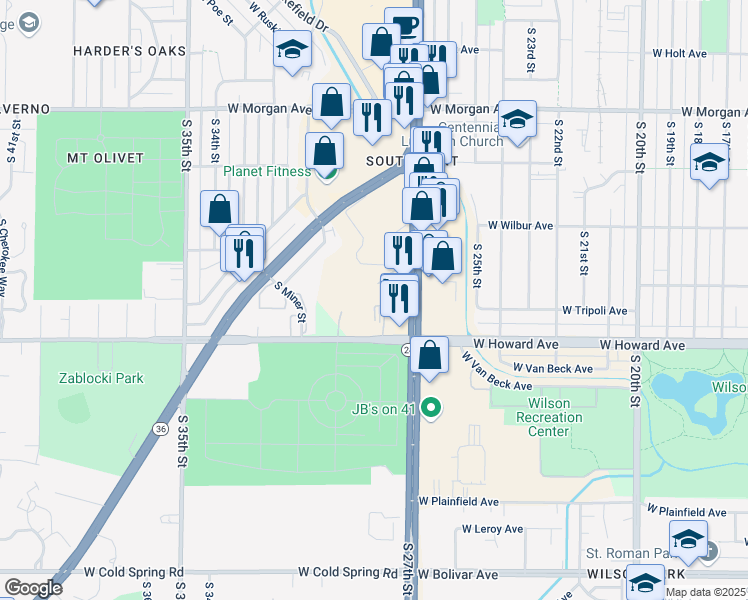 map of restaurants, bars, coffee shops, grocery stores, and more near 2720 West Howard Avenue in Milwaukee
