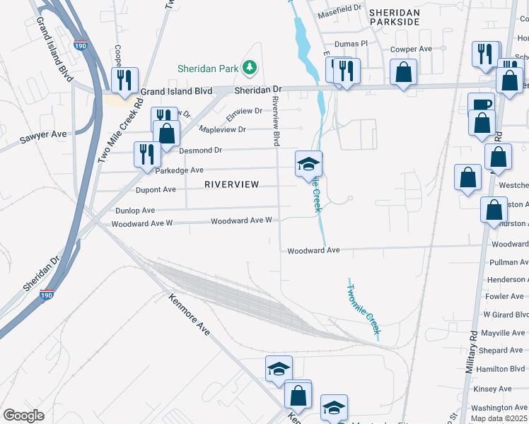 map of restaurants, bars, coffee shops, grocery stores, and more near 257 Dunlop Avenue in Tonawanda
