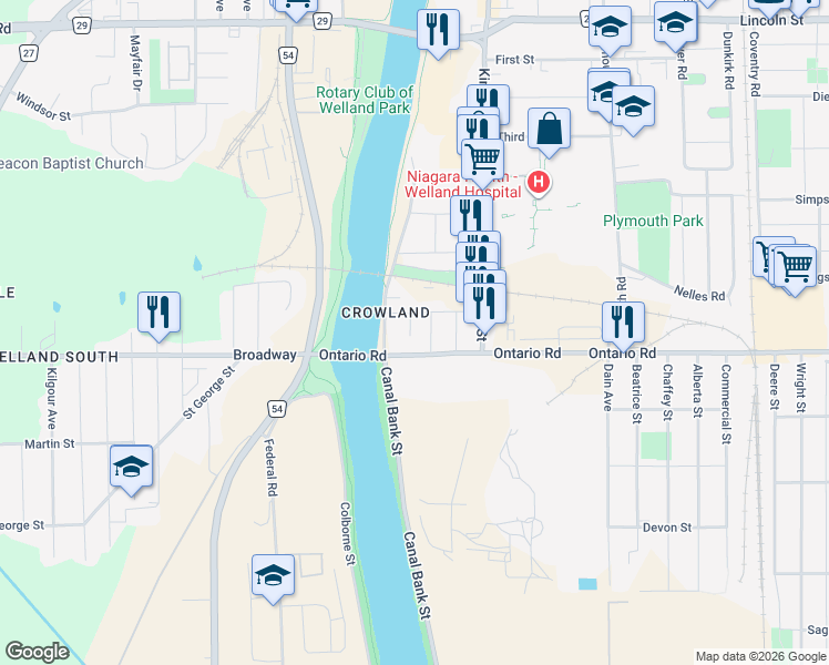 map of restaurants, bars, coffee shops, grocery stores, and more near 27 Jones Lane in Welland