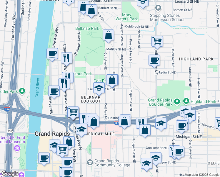 map of restaurants, bars, coffee shops, grocery stores, and more near Fairbanks Street Northeast in Grand Rapids