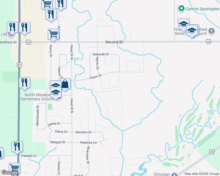 map of restaurants, bars, coffee shops, grocery stores, and more near Kemp Crescent in Strathroy