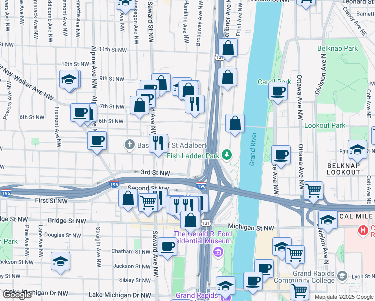 map of restaurants, bars, coffee shops, grocery stores, and more near 653 Broadway Avenue Northwest in Grand Rapids