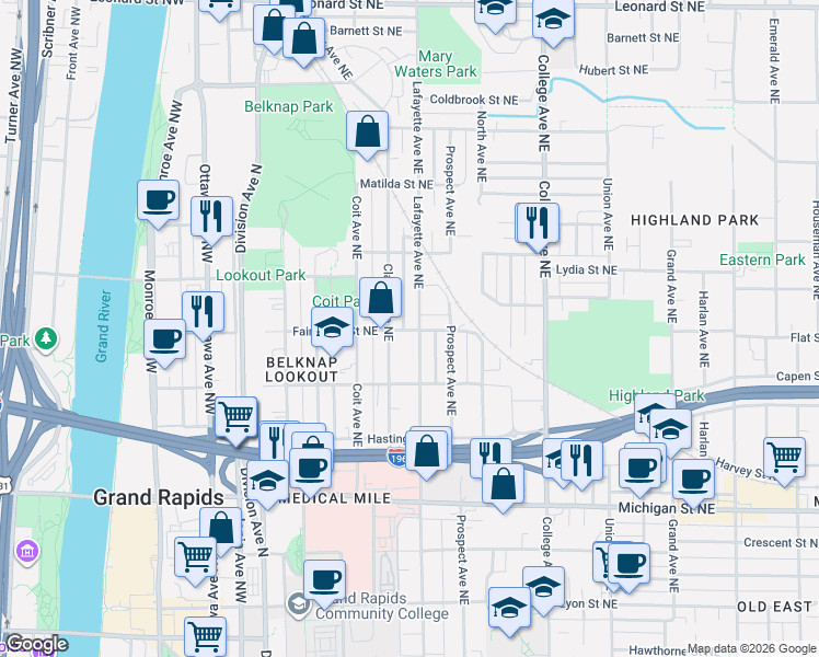 map of restaurants, bars, coffee shops, grocery stores, and more near 647 Lafayette Avenue Northeast in Grand Rapids