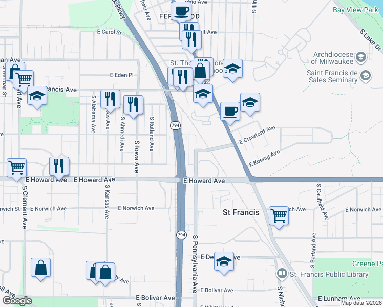 map of restaurants, bars, coffee shops, grocery stores, and more near 3809 South Pennsylvania Avenue in Saint Francis