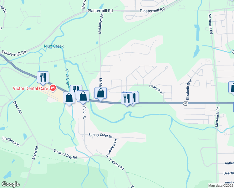 map of restaurants, bars, coffee shops, grocery stores, and more near 6435 Forest Glen in Victor