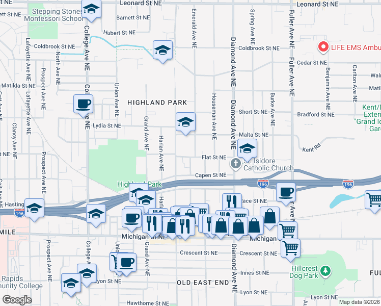 map of restaurants, bars, coffee shops, grocery stores, and more near 824 Flat Street Northeast in Grand Rapids