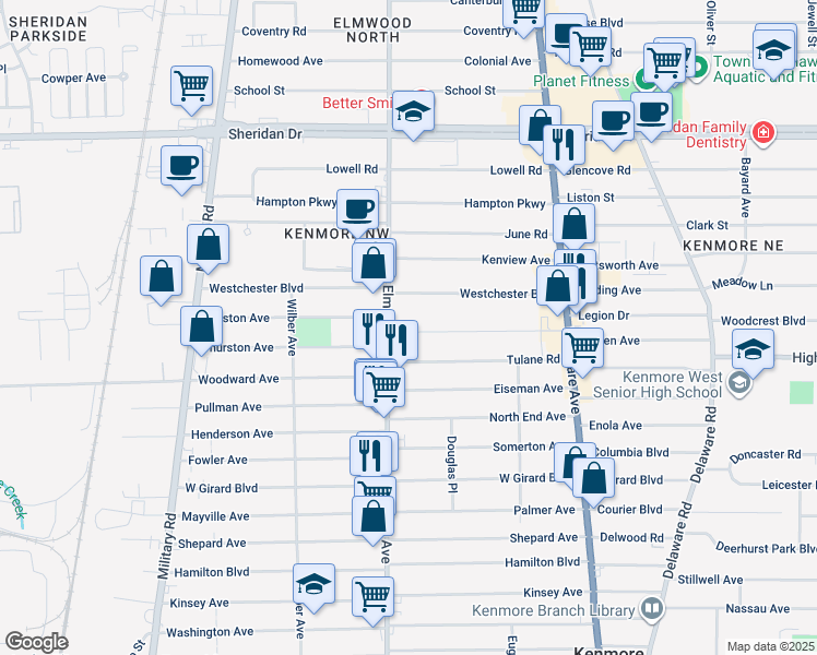 map of restaurants, bars, coffee shops, grocery stores, and more near in Kenmore