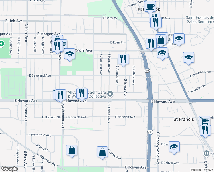 map of restaurants, bars, coffee shops, grocery stores, and more near 3822 South Alabama Avenue in Milwaukee