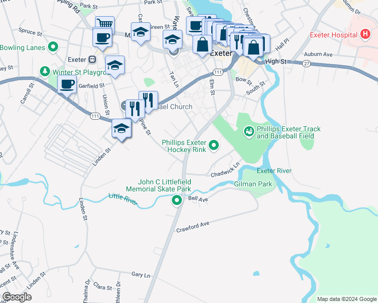 map of restaurants, bars, coffee shops, grocery stores, and more near 80 Court Street in Exeter