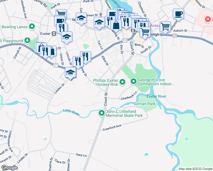 map of restaurants, bars, coffee shops, grocery stores, and more near 42 Pine Street in Exeter