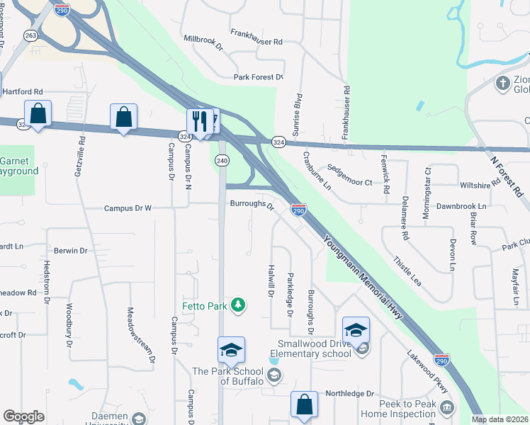map of restaurants, bars, coffee shops, grocery stores, and more near 38 Thomas Jefferson Lane in Buffalo