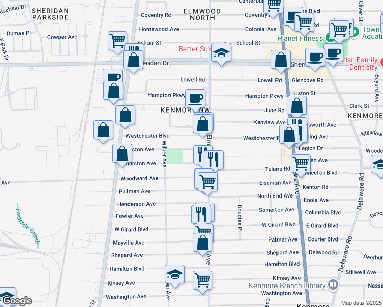 map of restaurants, bars, coffee shops, grocery stores, and more near 45 Thurston Avenue in Buffalo