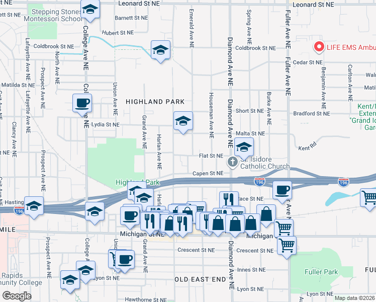 map of restaurants, bars, coffee shops, grocery stores, and more near 824 Flat Street Northeast in Grand Rapids